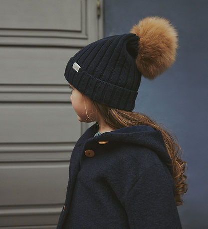 Huttelihut Beanie - Wool/Cotton - Knitted - Dark Navy w. Pom-Pom