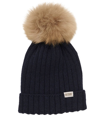 Huttelihut Beanie - Wool/Cotton - Knitted - Dark Navy w. Pom-Pom