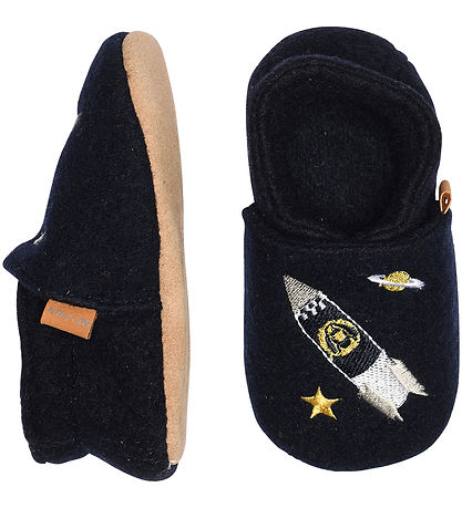 Melton Slippers - Wool - Marine w. Spaceship