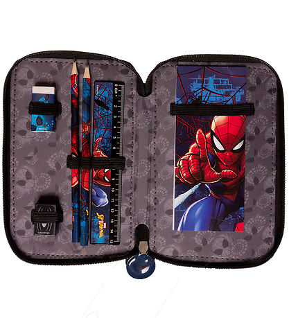 Spider-Man Pencil Case w. Contents - Filled Double Decker - Blac