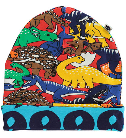 Småfolk Beanie - Reversible - Apple Red w. Apples And Dinosaurs