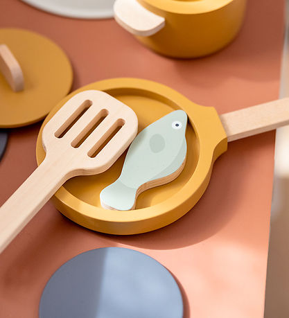 Flexa Play Kitchen Set - Pot and Pan - Mustard/Naturalwood