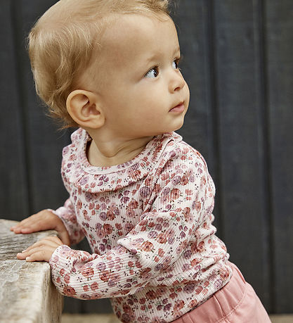 Minymo Bodysuit L/æ - Rib - Peach Whip w. Flowers