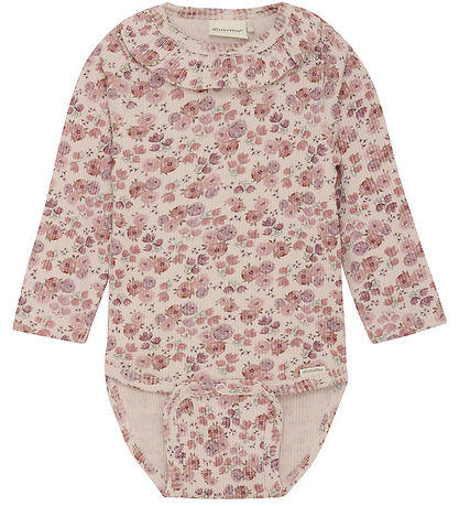 Minymo Bodysuit L/æ - Rib - Peach Whip w. Flowers