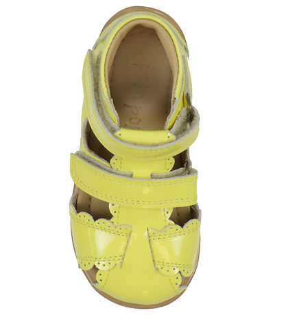 Pom Pom Sandals - Two Velcro Scalloped - Yellow Patent