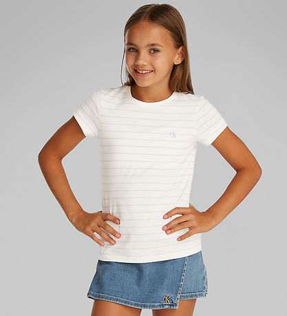 Calvin Klein T-Shirt - 2er-Pack - Stripe Slim - Silber Peony/Pur