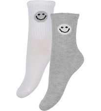 Chaussettes Minymo - 2 Pack - Gris Chiné/Blanc av. Smiley