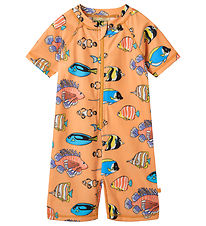 Småfolk Coverall Swimsuit - UV50+ - Papaya w. fish