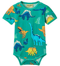 Småfolk Bodysuit s/s - Teal w. Dinosaurs