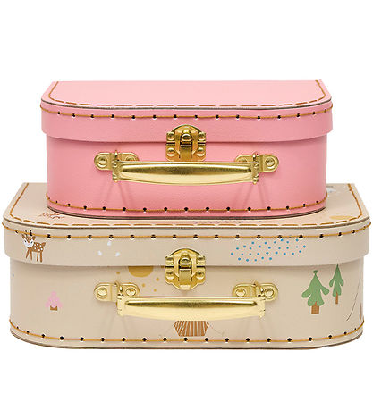OYOY Cardboard Suitcase - 2-Pack - Deer & Duck - Camel/Rose