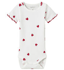 Name It Romper s/s - Rib - NbfJillie - Bright White m. Aarbeien