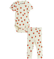 Mini Rodini Set - Leggings/Bodysuit s/s - Rib - Offwhite w. Hear