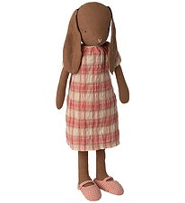 Maileg Kanína - Stærð 3 - 40 cm - Brúnt M. Bleik köflótt Kjóll