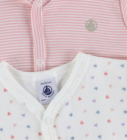 Petit Bateau Náttgalli - 2 Pakki - Hvítt/Bleikt M. Hjörtu/Rendur