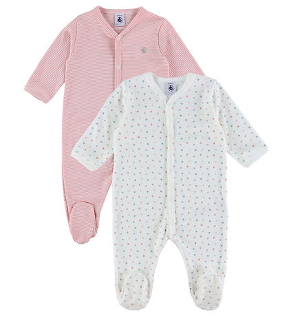 Petit Bateau Náttgalli - 2 Pakki - Hvítt/Bleikt M. Hjörtu/Rendur