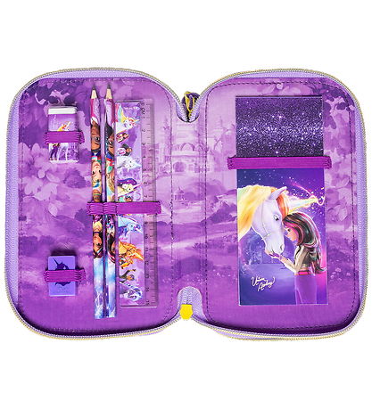 Unicorn Academy Pencil Case w. Contents - Double - Purple/Glitte
