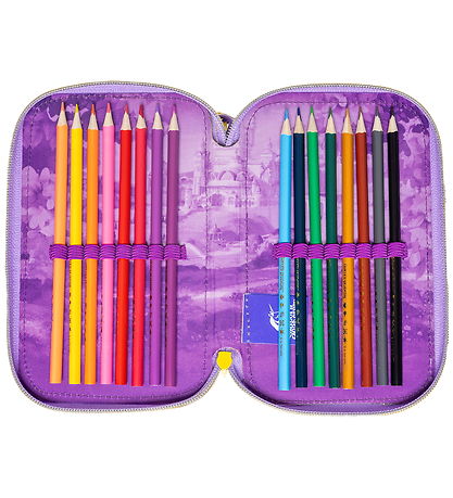 Unicorn Academy Pencil Case w. Contents - Double - Purple/Glitte