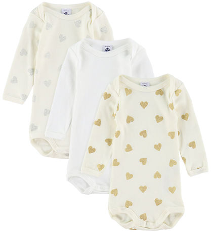 Petit Bateau Romper l/s - 3-pack - Wit m. Goud/Zilver