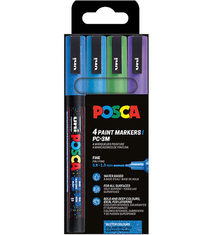Posca Markers - PC-3M - 4 pcs - Blue/Green/Purple w. Glitter