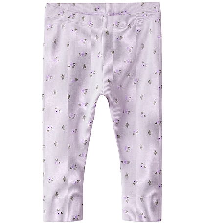 Name It Leggings - Rib - NbfHofie - Misty Lilac w. Flowers