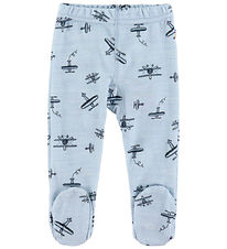 Joha Leggings w. Feet - Wool/Bamboo - Light Blue w. Print