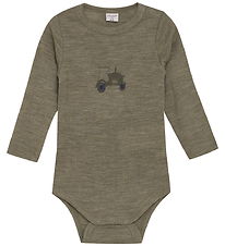 CeLaVi Bodysuit l/s - Wool - Dusky Green w. Tractor