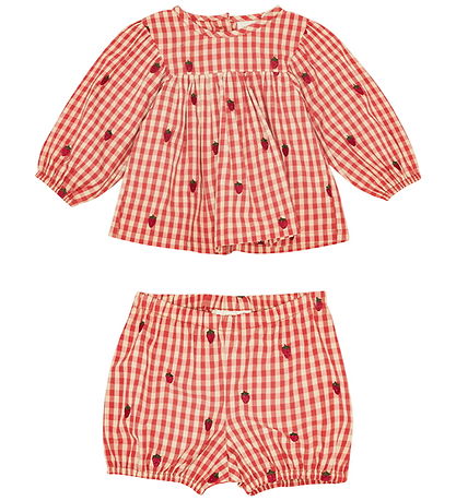 Flöss Sett - Kjóll/Bloomers - Berry Gingham M. Köflótt