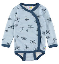 Joha Wrap Bodysuit l/s - Wool/Bamboo - Light Blue w. Print