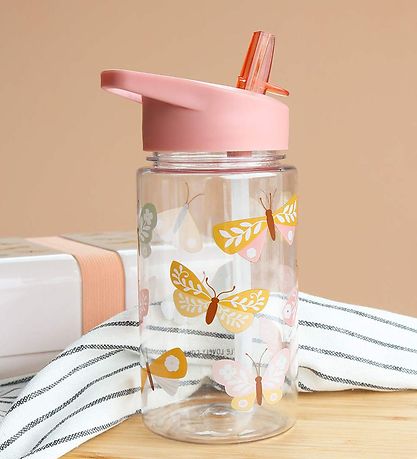 A Little Lovely Company Vatnsflaska M. sogrör - 450ml - Butterfl