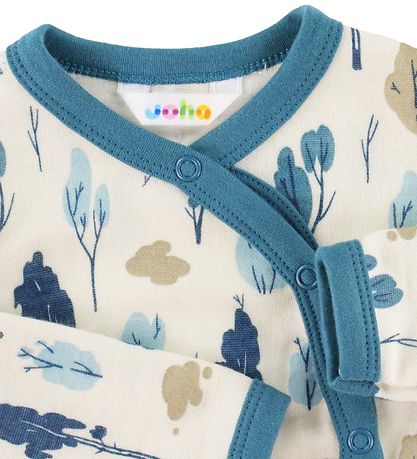 Joha Wrap Bodysuit l/s - Wool/Bamboo - White/Blue w. Trees