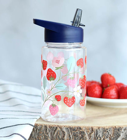 A Little Lovely Company Vatnsflaska M. sogrör - 450 ml - Strawbe