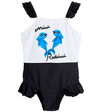 Mini Rodini 원피스 수영복 - UV차단 50+ - 돌고래 프릴 - 흰색/검정색