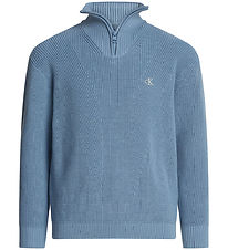 Calvin Klein Bluse - Strik - Rib - Half-Zip Mono - Faded Denim