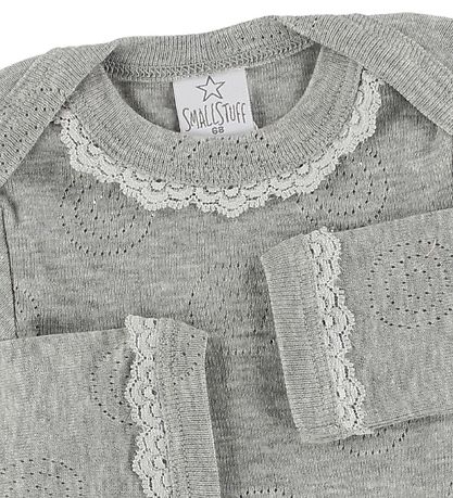 Smallstuff Bodysuit - L/S - Grey Melange w. Pointelle/Laces