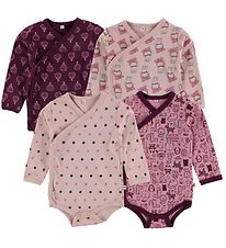 Pippi Wrap-Bodysuits - 4-Pack - Dark Purple/Pink w. Print