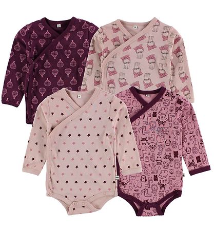 Pippi Wrap-Bodysuits - 4-Pack - Dark Purple/Pink w. Print