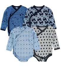 Pippi Baby Wrap-Bodysuits - 4-Pack - Blue/Grey w. Print
