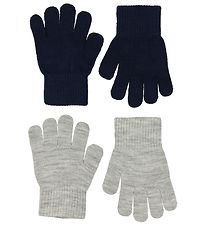 Melton Handskar - 2-pack - Stickat - Gråmelerad/Marinblå