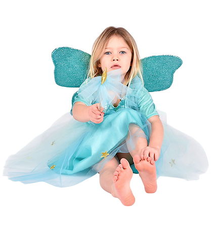 Den Goda Fen Costume - Fairy Dress w. Wings/Magic Wand - Turquoi