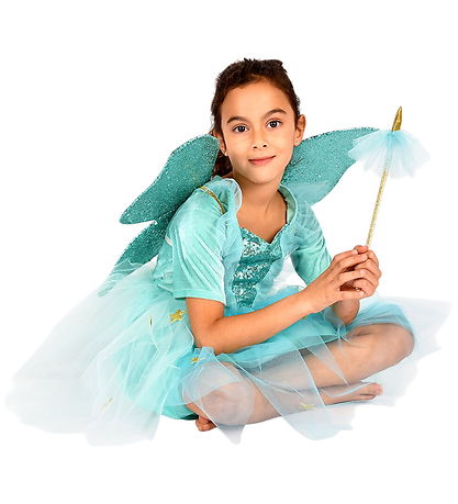 Den Goda Fen Costume - Fairy Dress w. Wings/Magic Wand - Turquoi