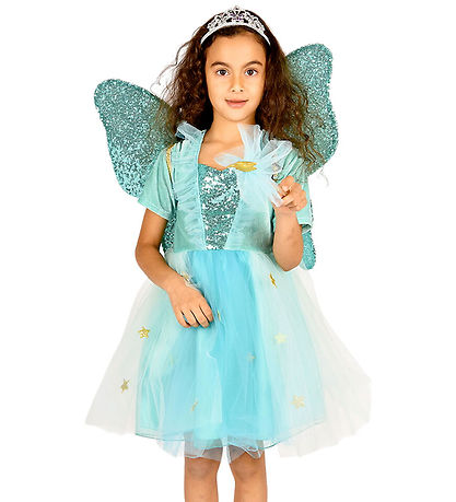 Den Goda Fen Costume - Fairy Dress w. Wings/Magic Wand - Turquoi
