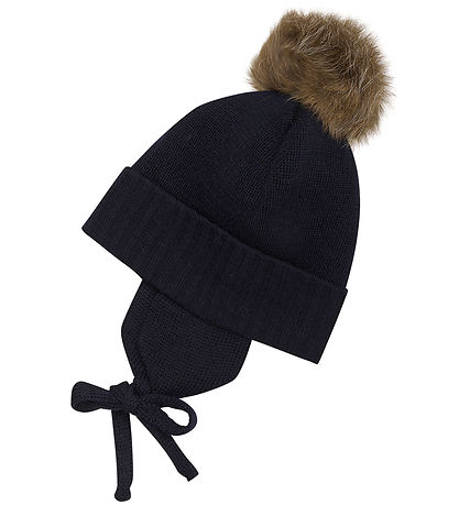 Huttelihut Beanie w. Earflaps - Knitted - Wool - Dark Navy w. Po Huttelihut Beanie w. Earflaps - Knitted - Wool - Dark Navy w. Po