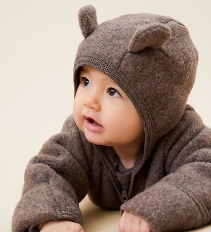 Huttelihut Pramsuit - Wool fleece - Brown Melange w. Ears Huttelihut Pramsuit - Wool fleece - Brown Melange w. Ears
