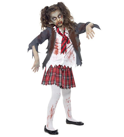 Smiffys Kostuum - Zombieschoolmeisje - grijs/Wit/Rood