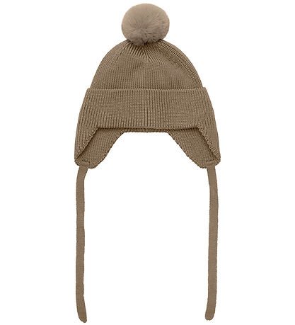 En Fant Beanie - Wool/Acrylic - Pine Bark w. Faux Fur Pom Pom