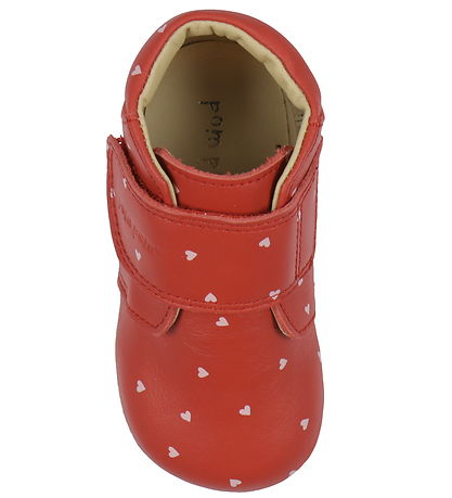 Pom Pom Soft Sole Leather Shoes - Beginners Velcro Print - Heart