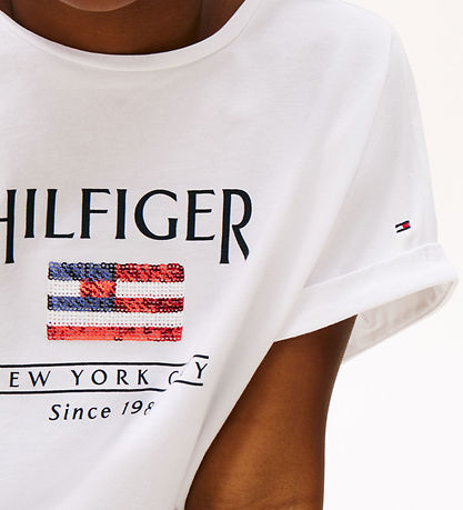 Tommy Hilfiger T-shirt - Paljetter Flagga - Vit