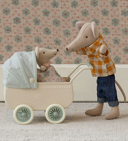 Maileg Miniatyr Dockvagn m. Baby Mus - Mus - Mint Maileg Miniatyr Dockvagn m. Baby Mus - Mus - Mint