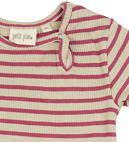 Petit Piao Summer Romper - Rib - Modal - Light Berry/Dark Off Wh Petit Piao Summer Romper - Rib - Modal - Light Berry/Dark Off Wh