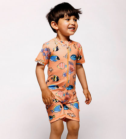 Småfolk Coverall Swimsuit - UV50+ - Papaya w. fish